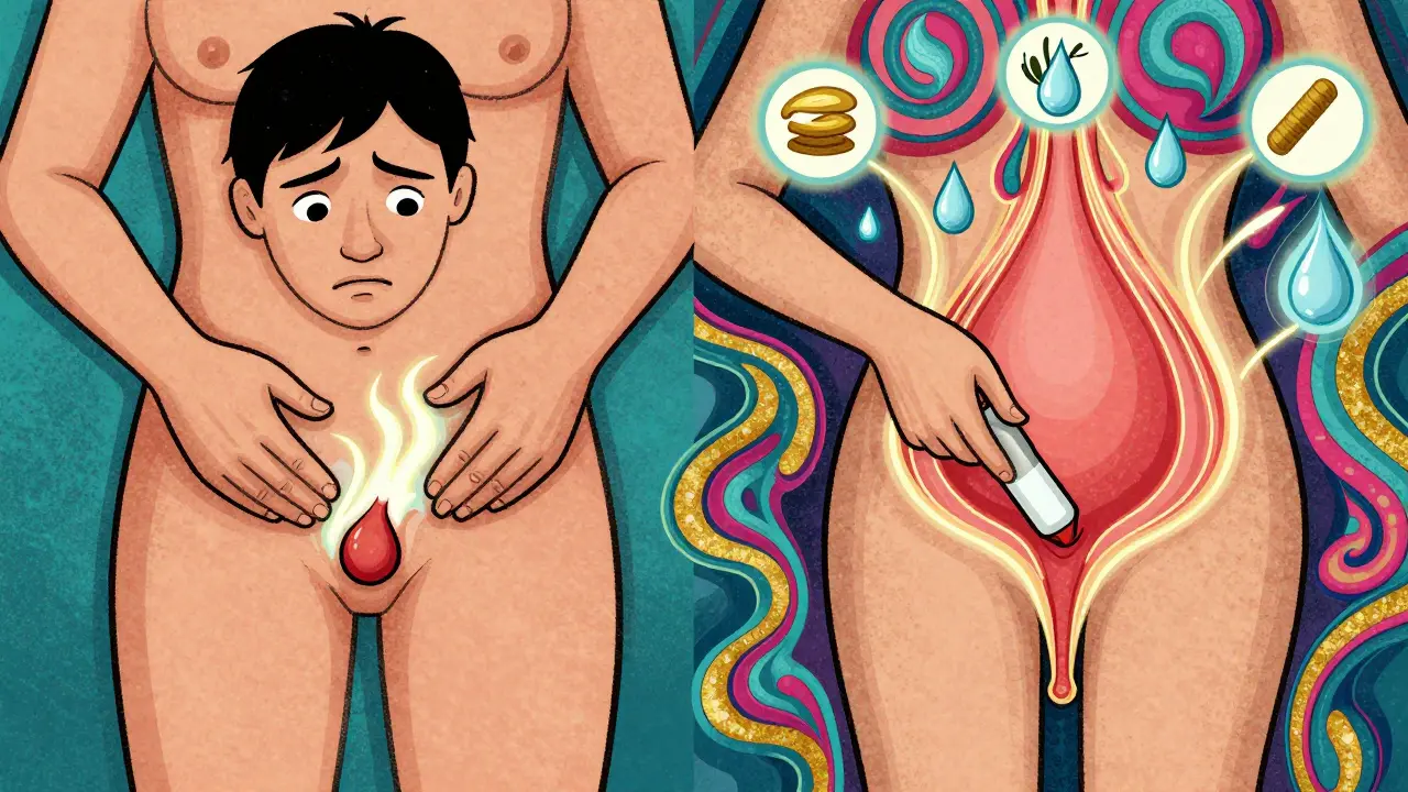 Split illustration showing cream application and suppository use with healing symbols in vibrant psychedelic style.