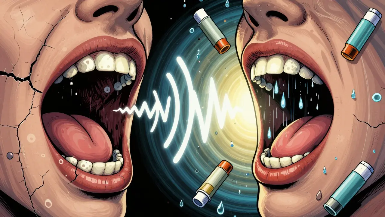 Split image: infected mouth with white patches vs. clean mouth with water rinsing away fungus, vibrant colors.