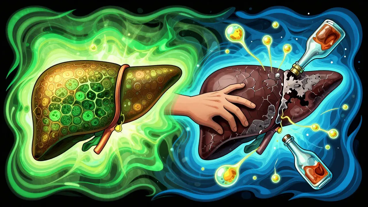 Split image of a healthy liver versus a scarred one, surrounded by alcohol molecules in neon hues.