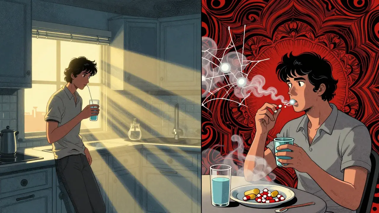 Split image of taking thyroid med on empty stomach vs. after breakfast with absorption interference