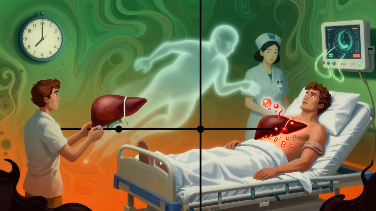 Split medical timeline showing overdose treatment and delayed liver damage with glowing warning symbols.