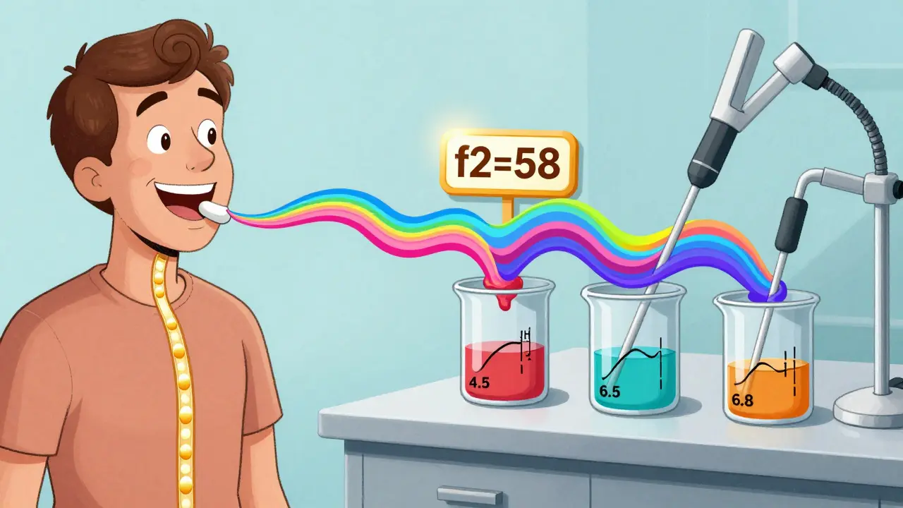 Split scene: patient swallowing pill vs. lab paddles stirring beakers with overlapping dissolution curves.