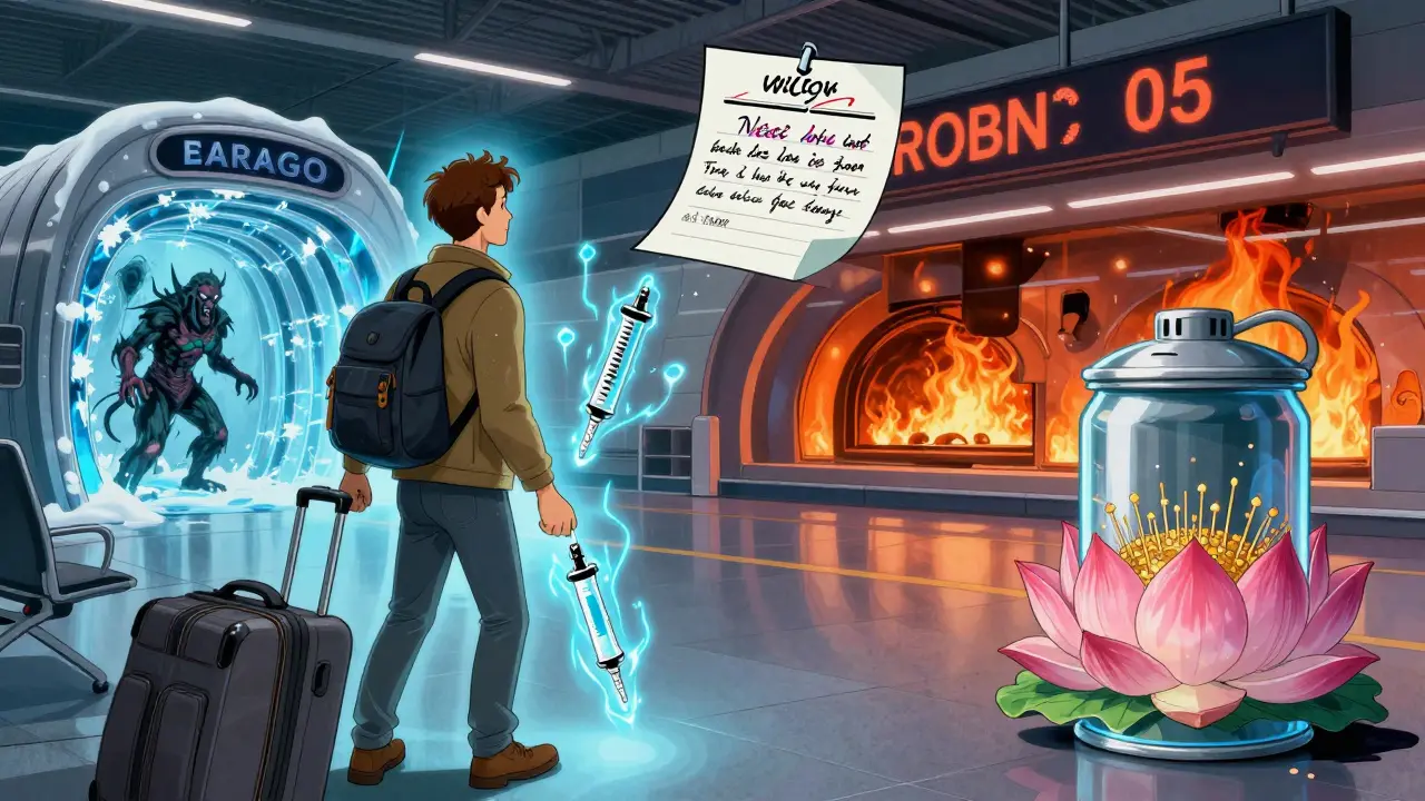 Traveler with insulin pens protected by cool energy at an airport, avoiding extreme temperature dangers.