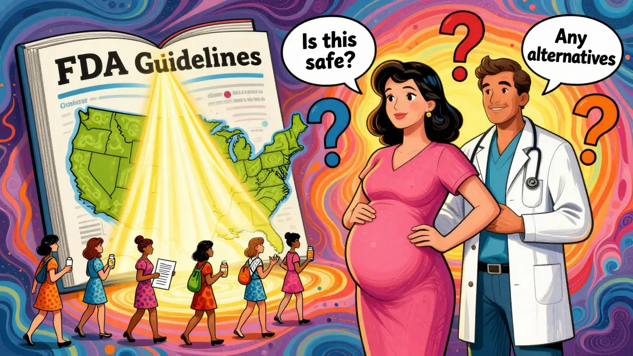 Woman and doctor surrounded by transforming question marks about medication safety, glowing book in background.