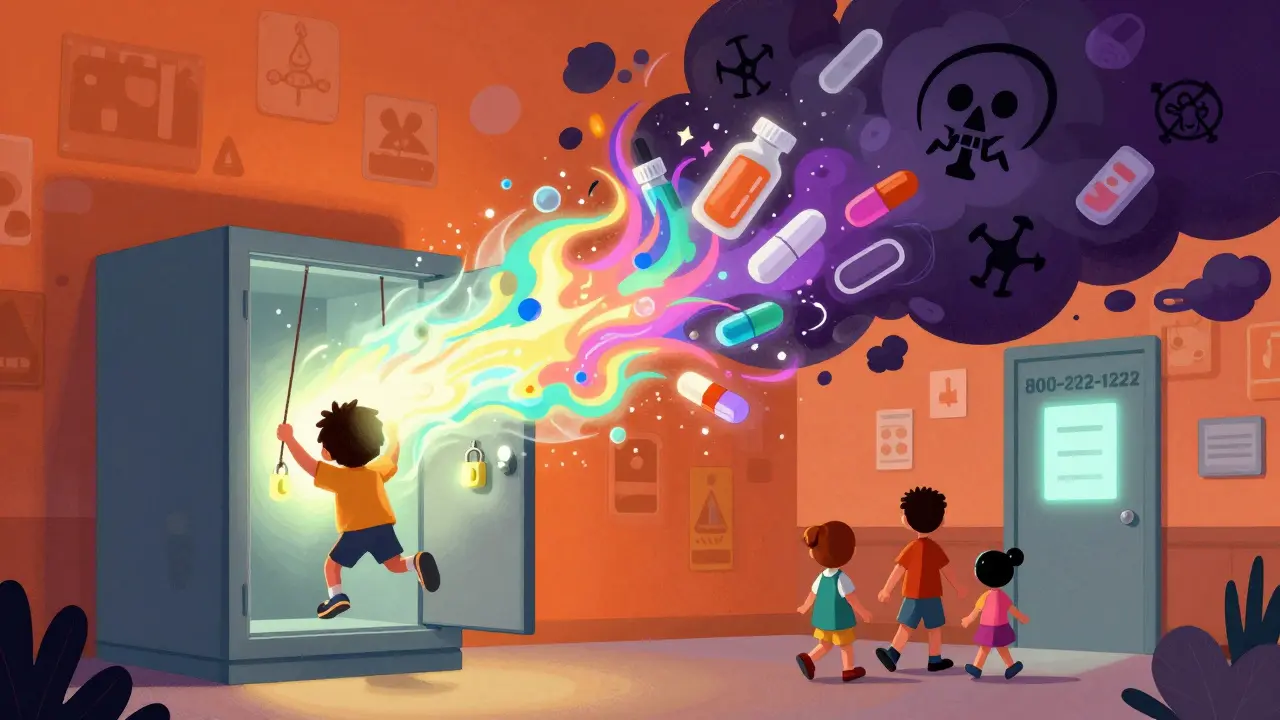 A childproof cabinet opens as a wave of energy repels poison symbols, with a glowing Poison Control number on a hospital door in vibrant psychedelic style.