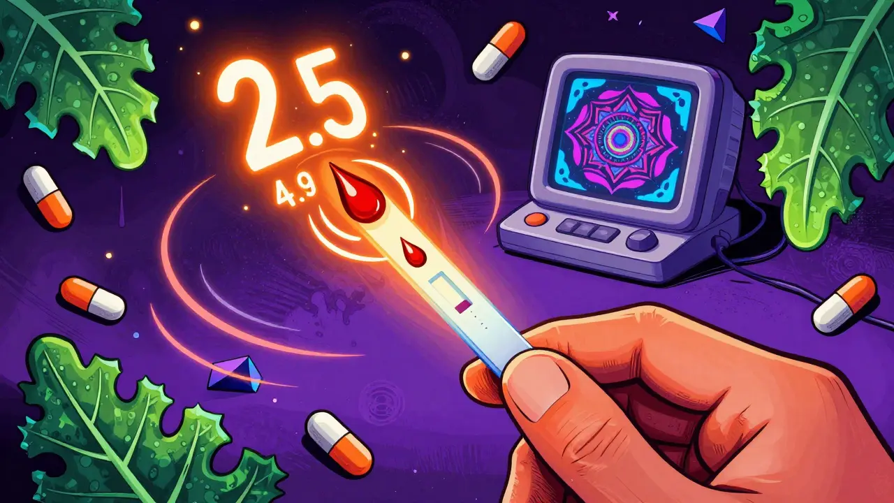 A finger pricking blood onto a glowing test strip with floating INR numbers and swirling kale leaves.