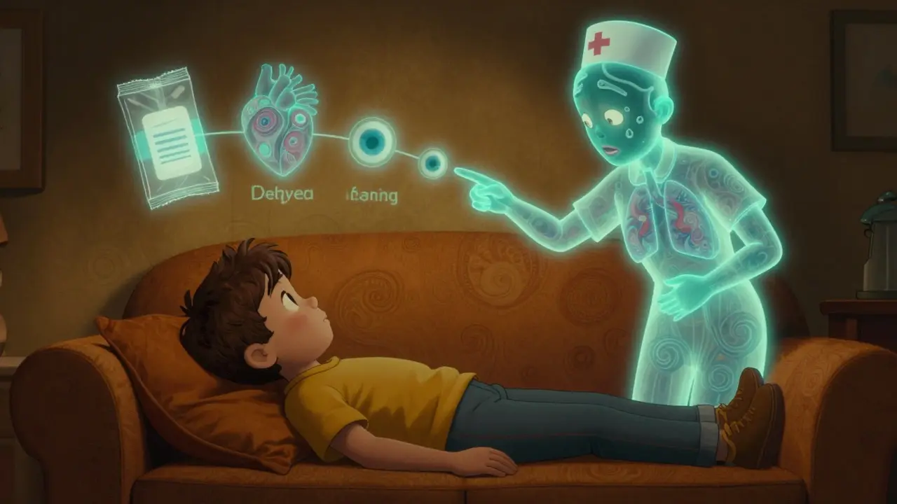 A glowing toxicology nurse guides a child through floating symptoms of poisoning, rendered in swirling psychedelic colors with no text.