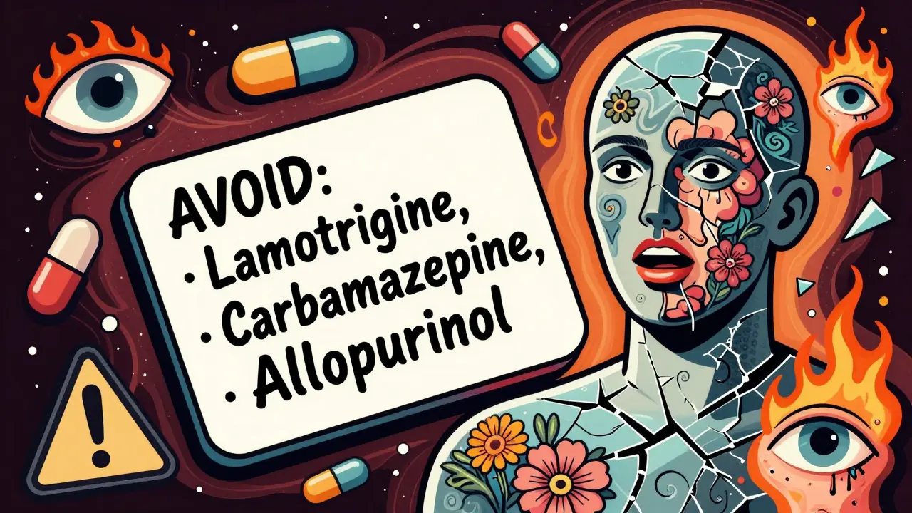 A medical alert card with avoided drugs, surrounded by a fragmented human figure and symbolic warning icons.