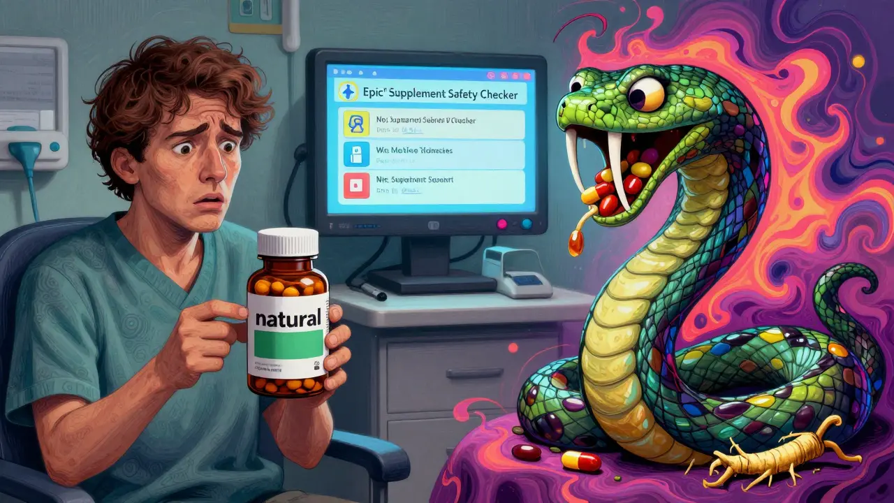 A patient holding a multivitamin that transforms into a serpent with vitamin E fangs, while a hospital screen displays safety alerts.