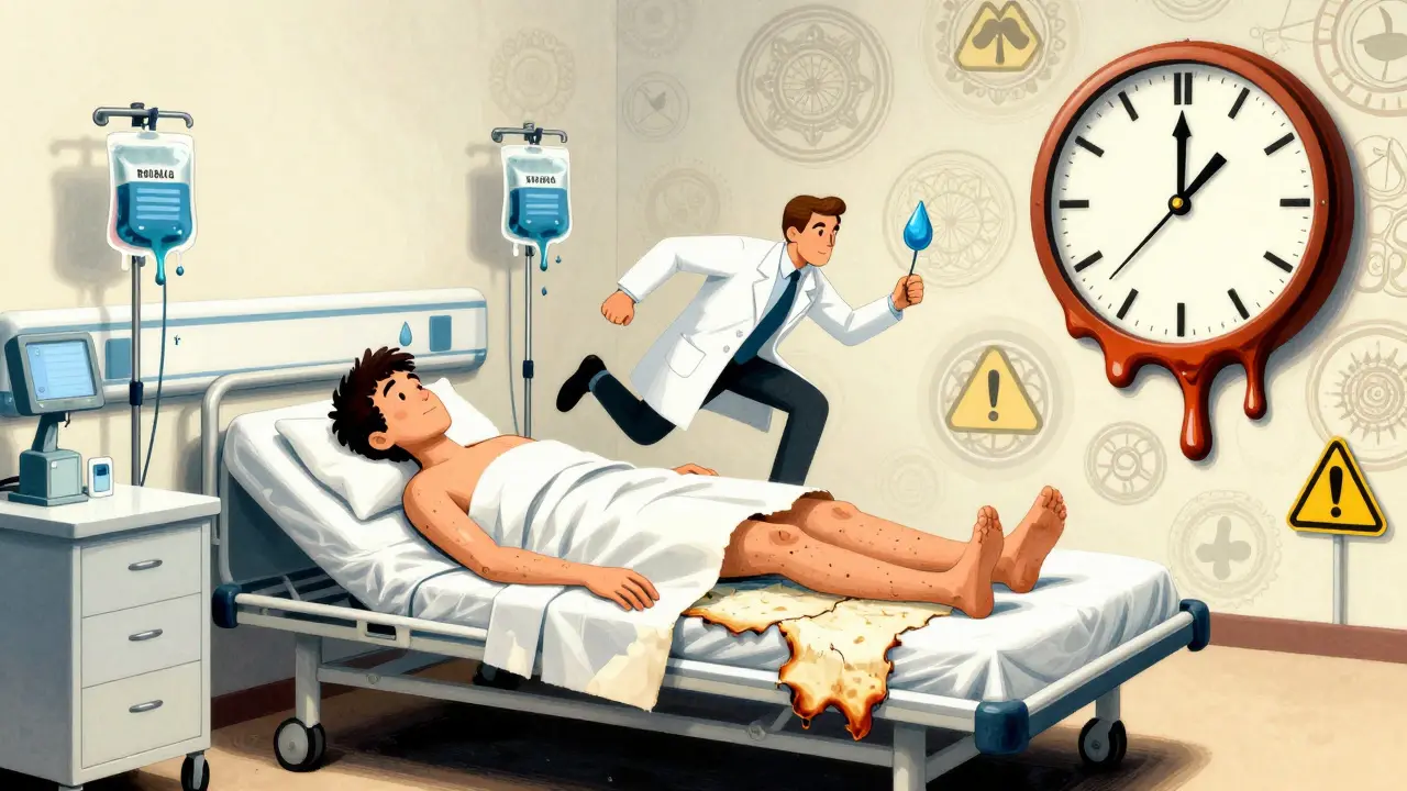 A patient in a hospital with peeling skin, doctors rushing, and a melting clock in a surreal, swirling environment.