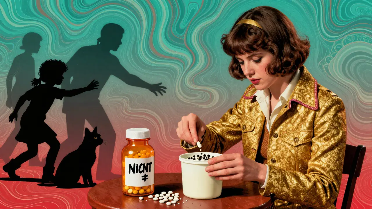 A person mixes pills with kitty litter while shadowy figures reach for an obscured pill bottle, in vibrant Wes Wilson swirls.