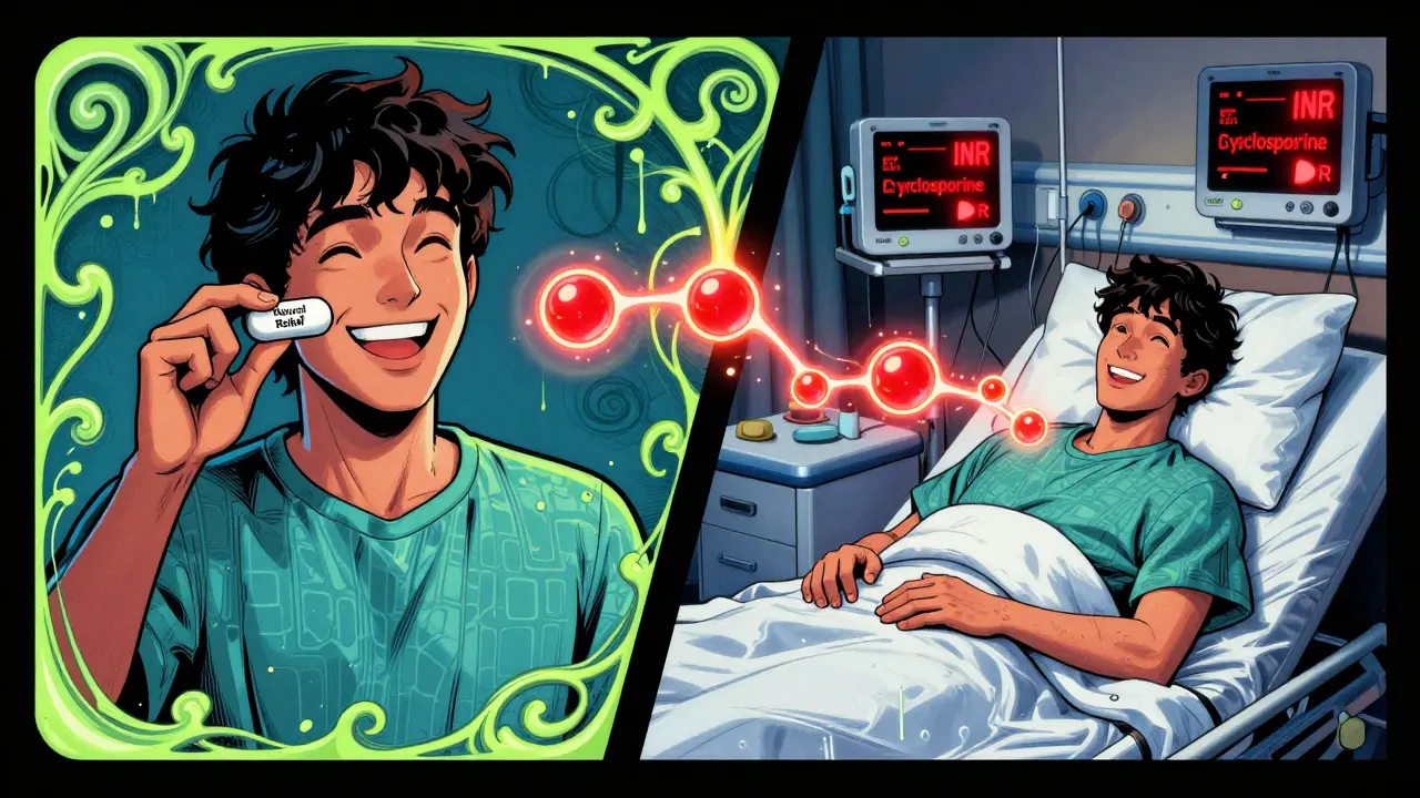 A person smiling with a herbal supplement while medical alerts flash in the background, connected by glowing molecules.