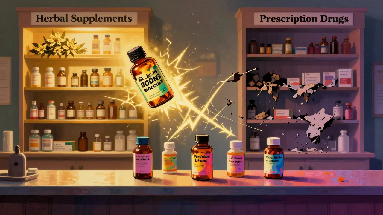 A pharmacist’s shelf where herbal supplements glow while prescription drugs crumble, radiating energy waves.