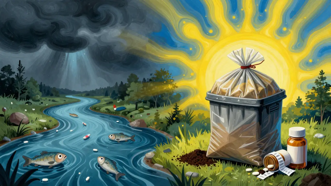 A polluted river contrasts with a sealed trash bag under sunbeams, symbolizing safe medication disposal in psychedelic art style.