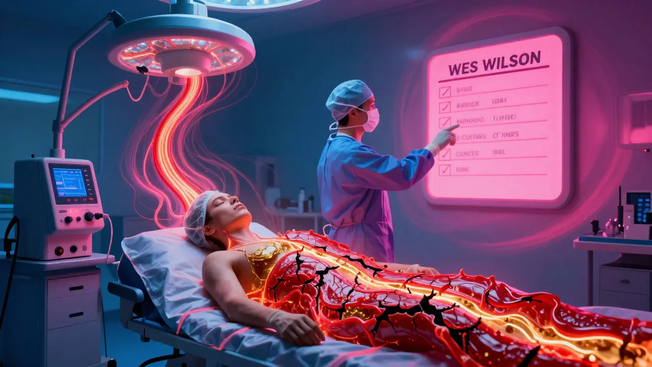 A surgical theater with glowing blood flow disrupted by dangerous supplements, under a pulsing checklist of safety guidelines.