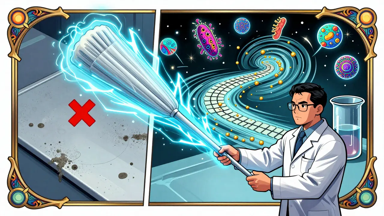 A technician using a glowing swab to collect samples, with microbial icons and contamination timelines swirling around in vibrant Wes Wilson art style.