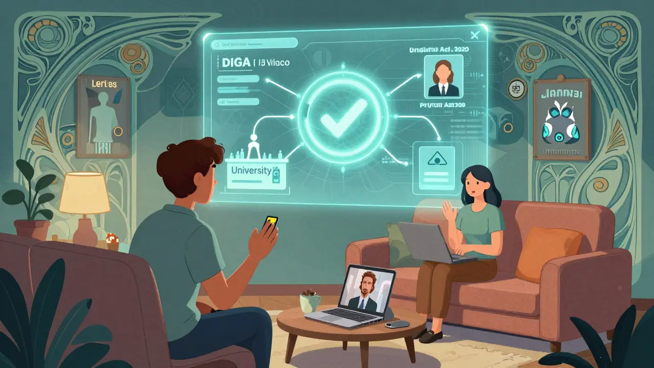 A teletherapy session is visually linked to trusted health systems and privacy protections.