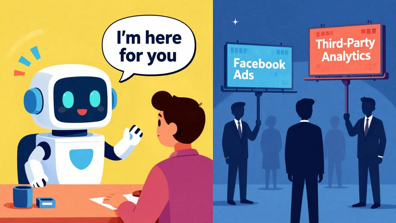 An AI chatbot comforts a user while shadowy figures harvest their emotional data for ads.
