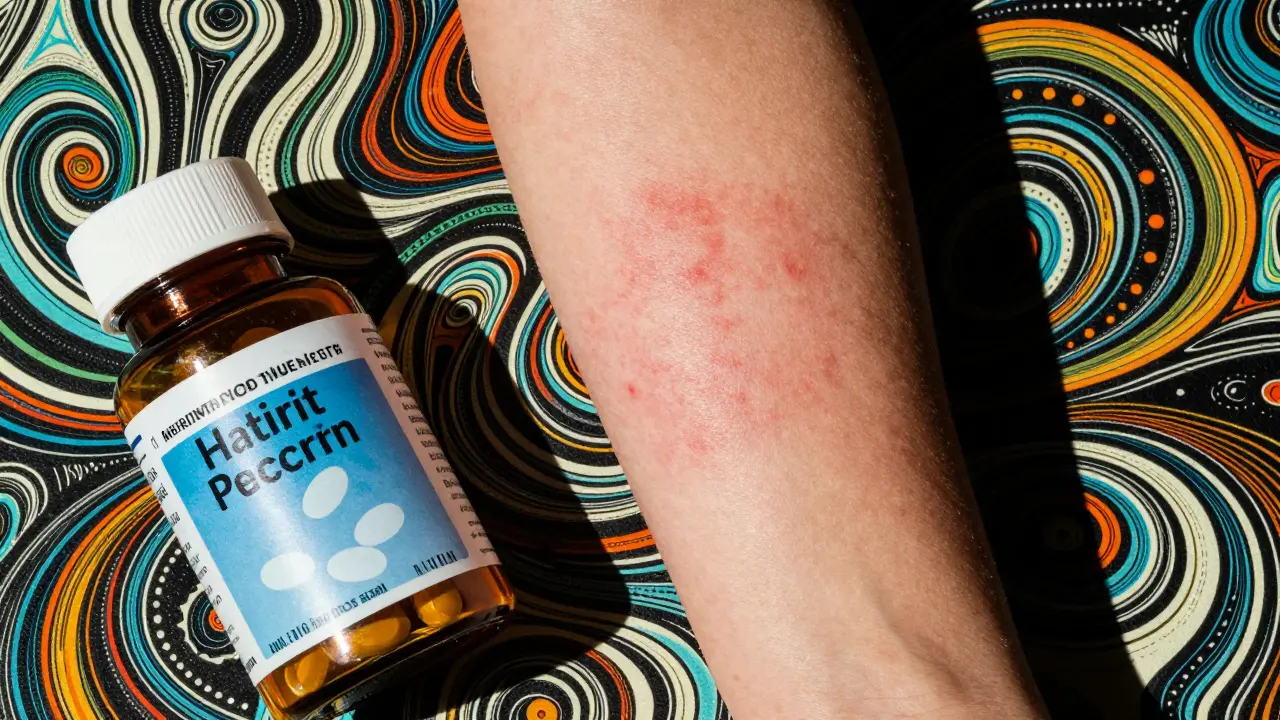 Child with rash from generic medication's inactive ingredients in psychedelic art.