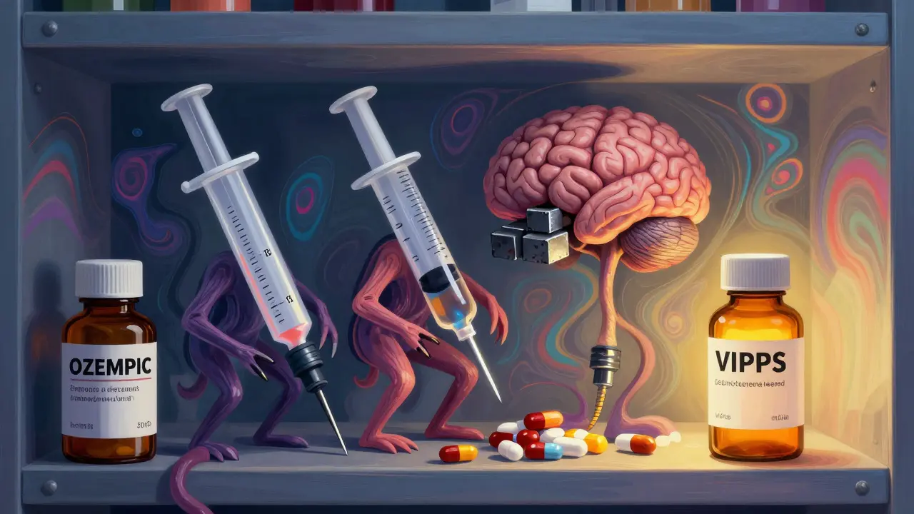 Fake medicine bottles morphing into grotesque creatures on a psychedelic pharmacy shelf, with one genuine bottle glowing safely.