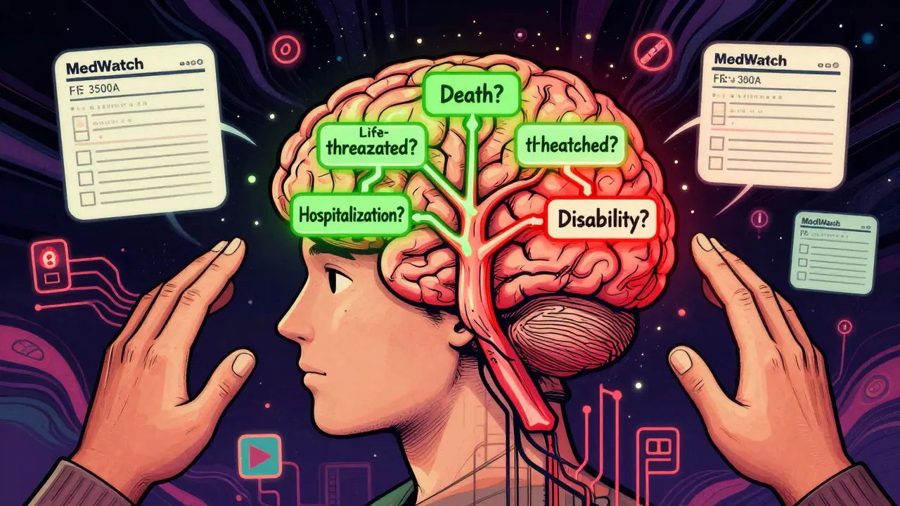 Human brain with a decision tree inside, showing four key questions to determine serious adverse events, with AI and human hands interacting.