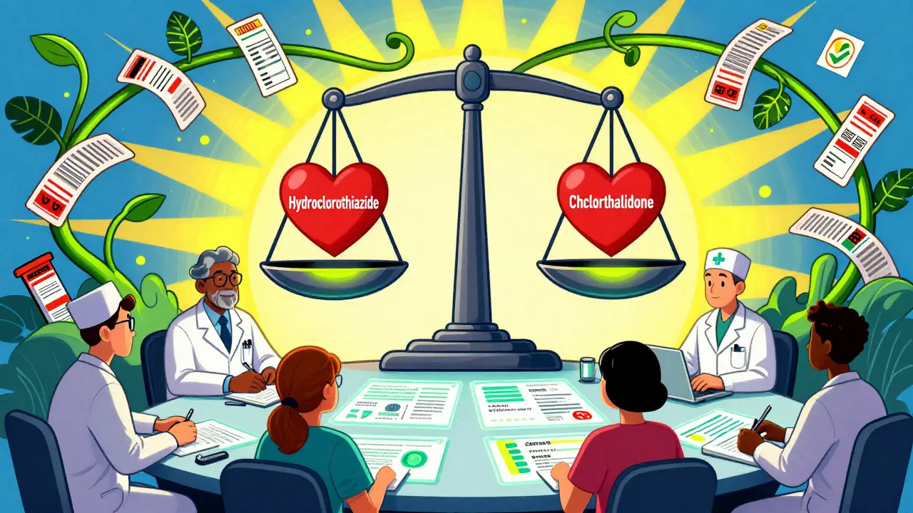 Medical team around a table with a glowing balance scale showing two equivalent blood pressure drugs.