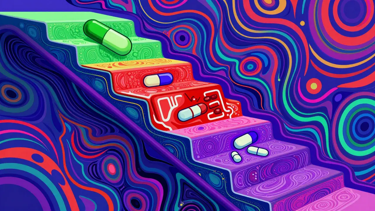 Multi-tiered drug icons in vibrant psychedelic swirls