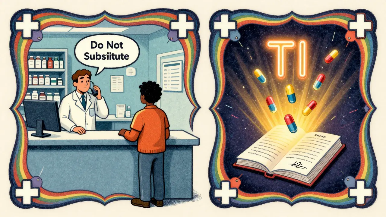 Patient at pharmacy with two contrasting paths: one with confused doctor call, other with glowing therapeutic interchange letter.