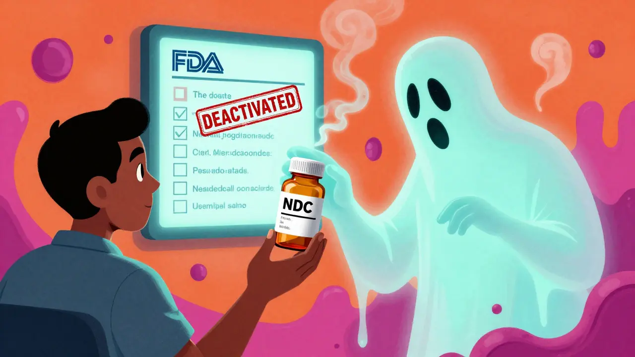 Patient receiving medication as a ghost bottle with invalid NDC fades beside a FDA verification screen.