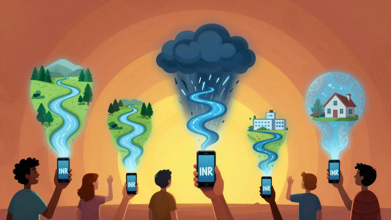 People holding phones projecting INR graphs as rivers, one calm and one stormy, in psychedelic sunset patterns.