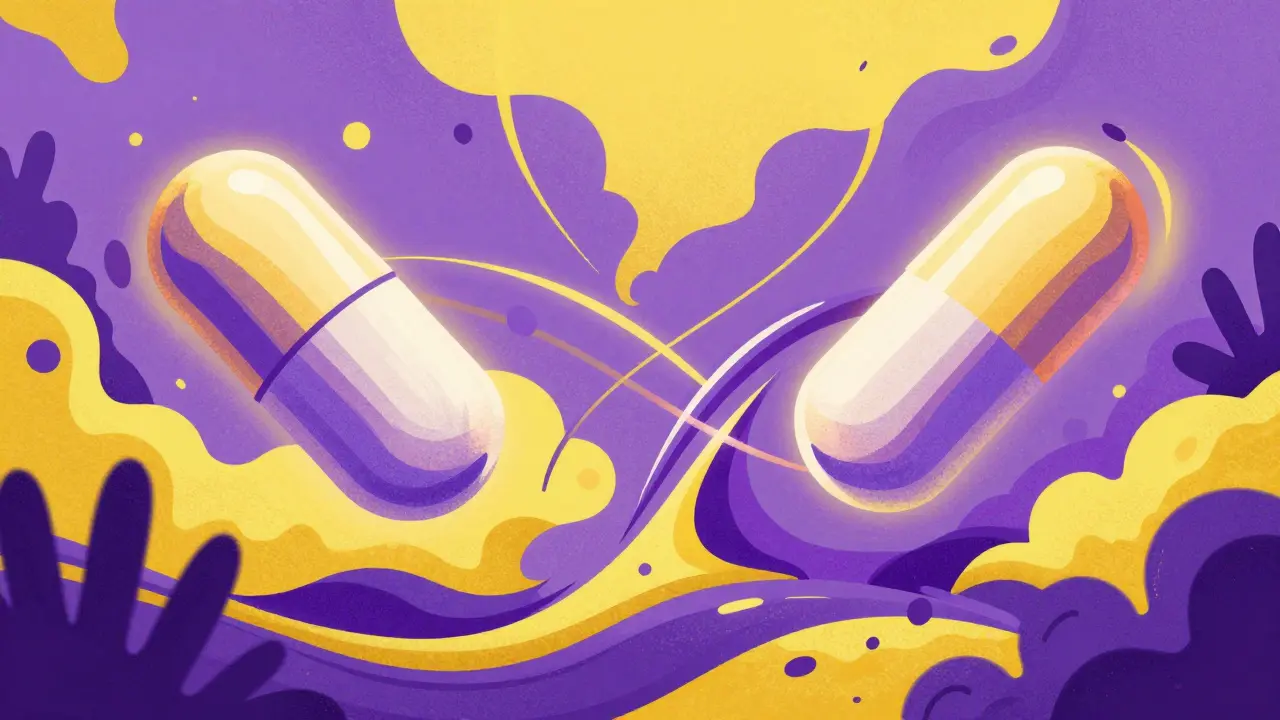 Pill transformation from brand to biosimilar with swirling colors