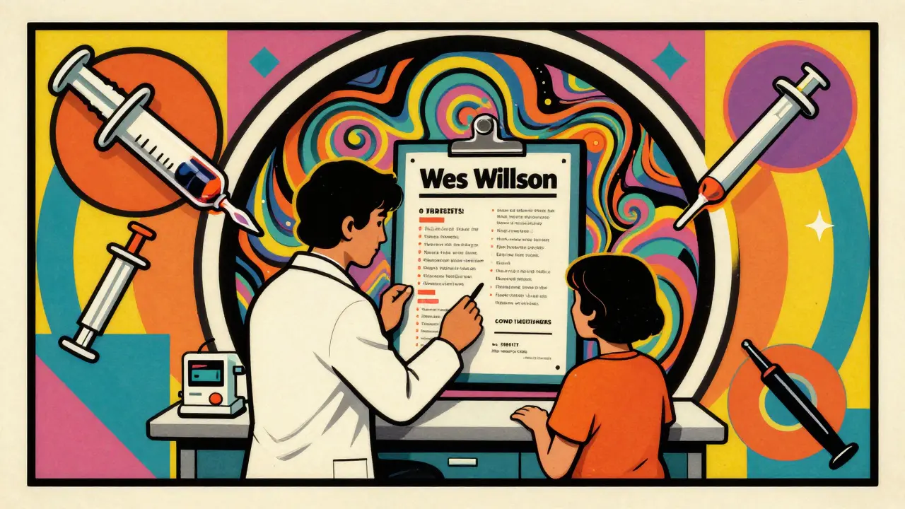 Retro poster of drug icons with swirling patterns and warning symbols.