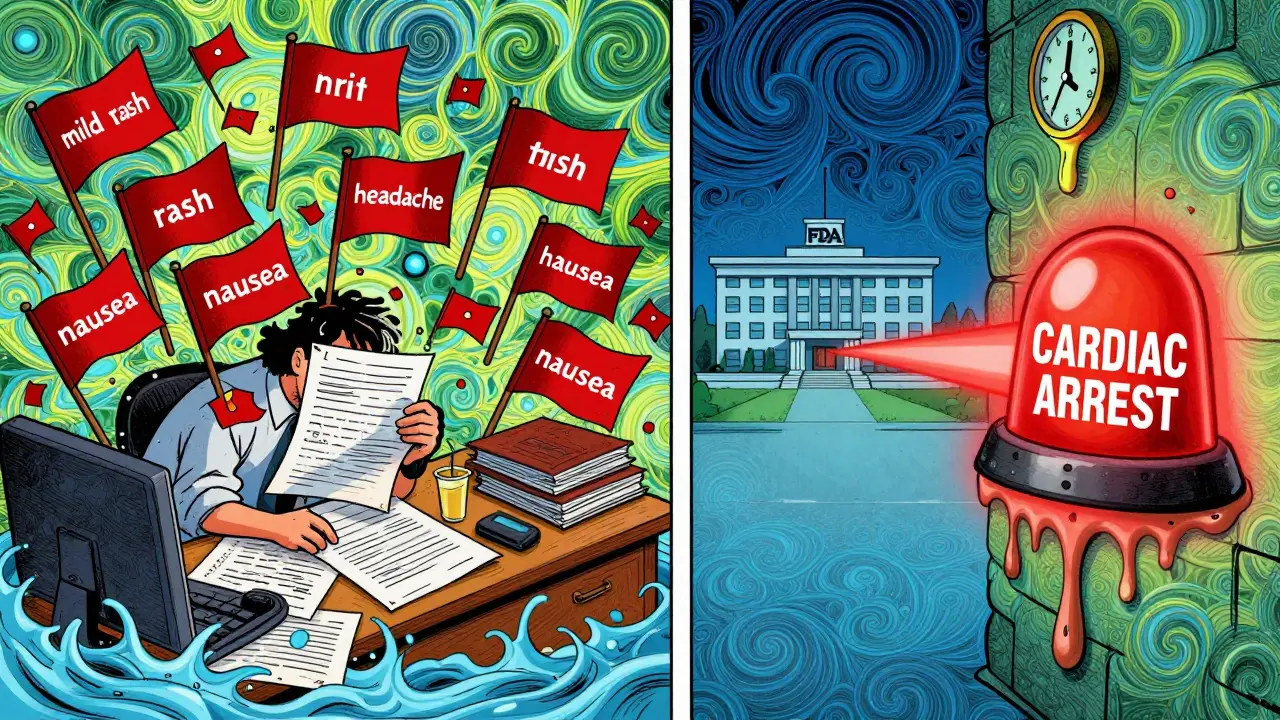 Split scene showing chaotic minor event reports versus one urgent serious event alert in a surreal clinical environment.