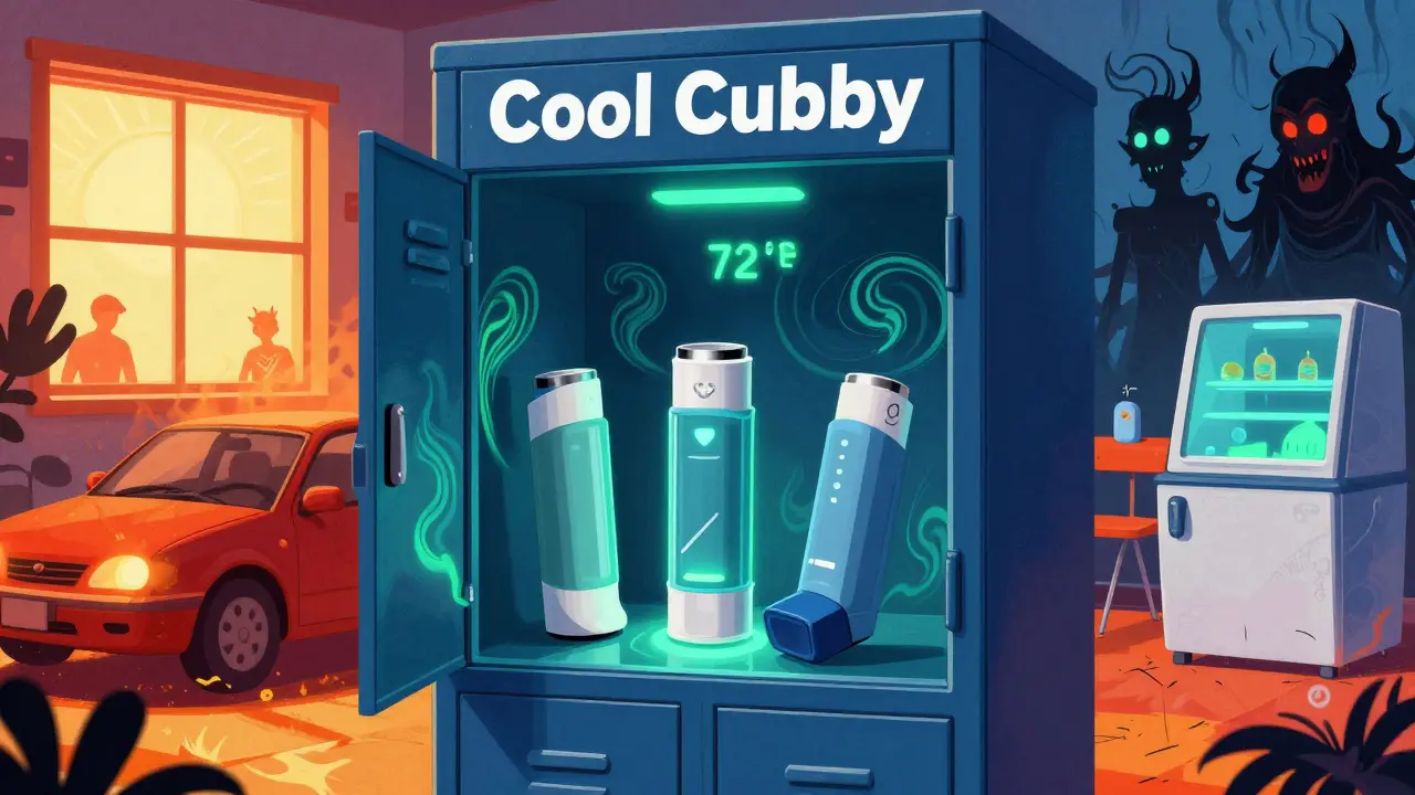 Three inhalers safely stored in a climate-controlled locker with glowing temperature indicator, against menacing heat sources.