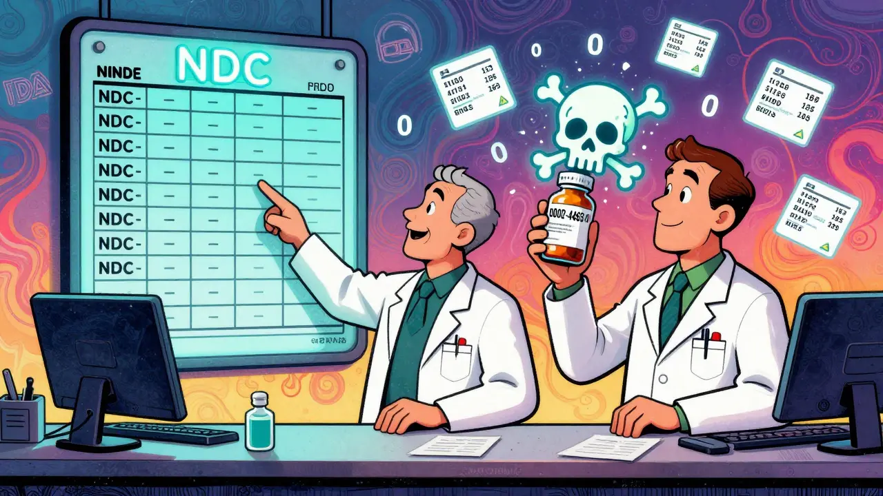 Two pharmacists beside a glowing NDC chart with a warning symbol over a mismatched code.