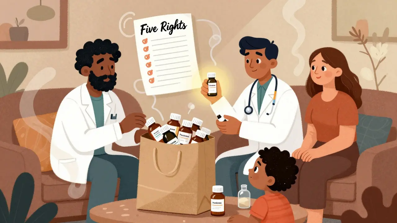 A family reviews medications in a brown bag with a pharmacist, while floating checklist and naloxone vial glow softly.