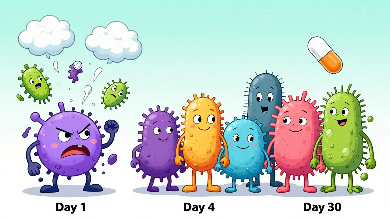 A gut microbiome evolving from chaotic to harmonious over weeks, shown in vibrant psychedelic cartoon art.