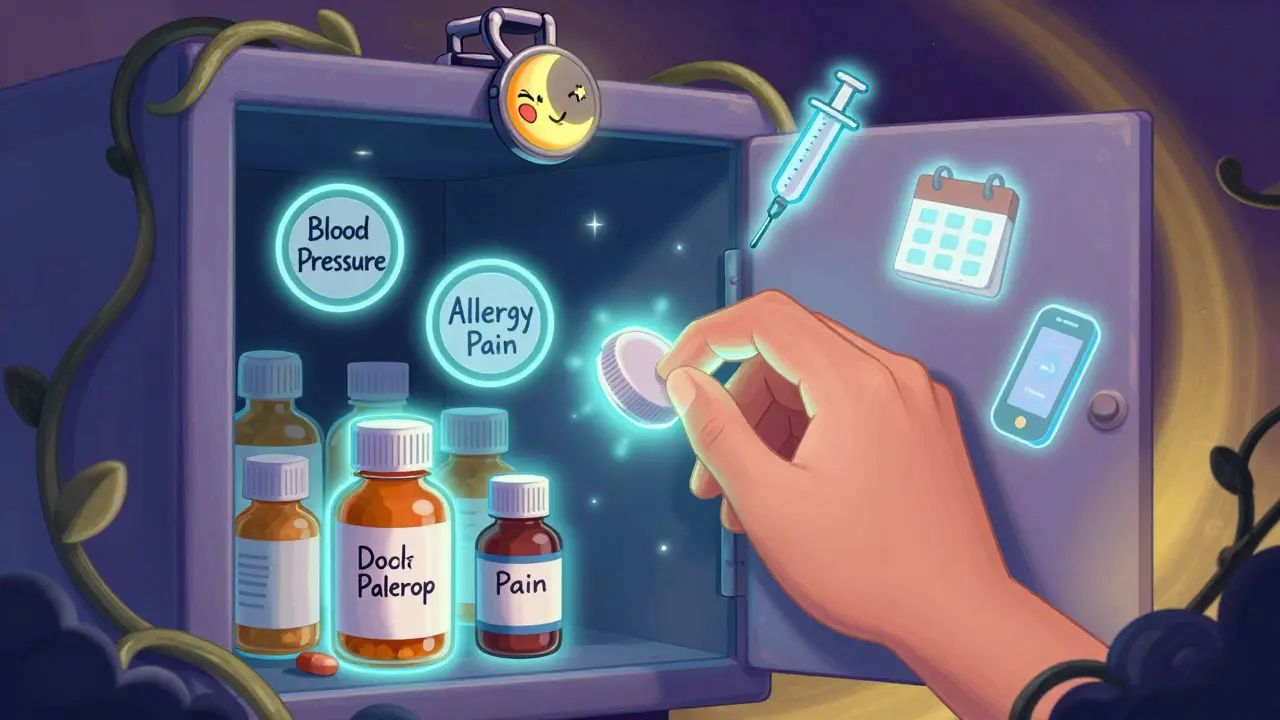 A locked medicine cabinet with labeled bottles and a childproof latch, showing a hand securely closing a pill bottle.