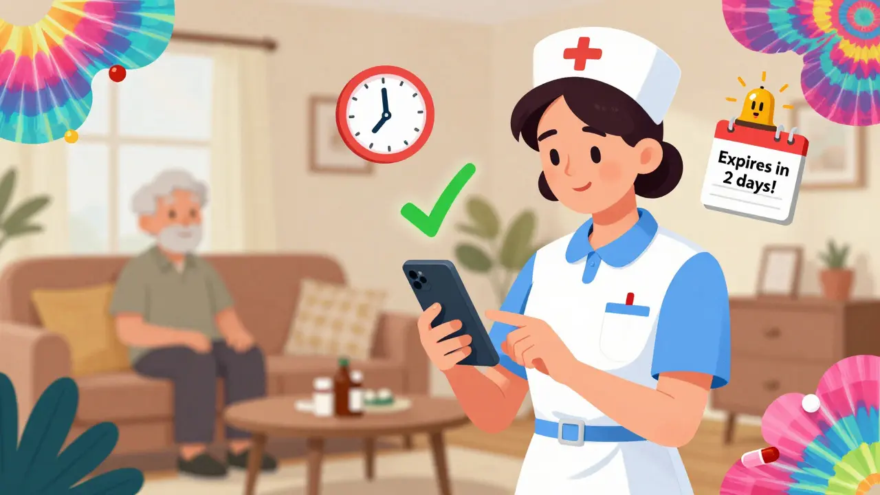 A nurse scanning a medicine bottle on a smartphone with animated expiration alerts in a home setting.