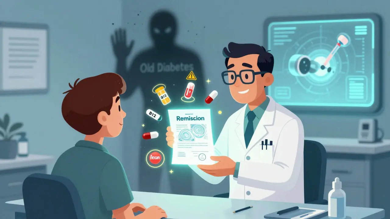 A patient holds a remission certificate as supplements float with warning halos, while diabetes fades away in psychedelic illustration.