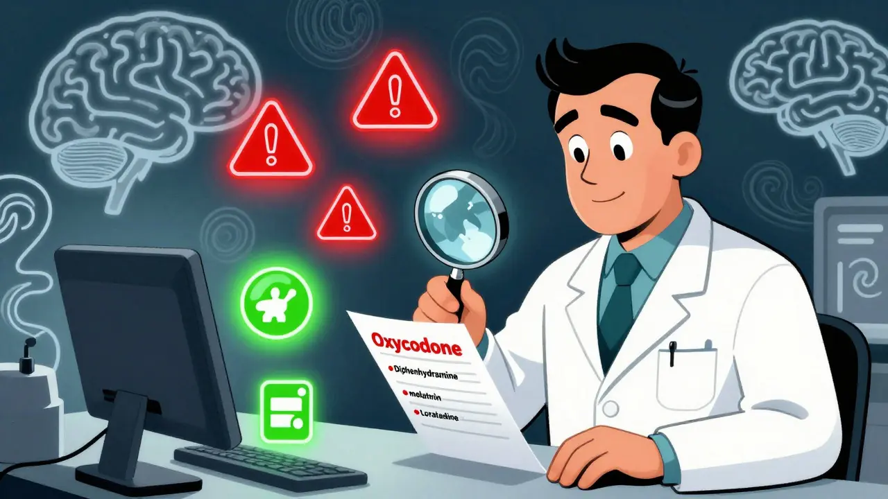 A pharmacist reviewing a list of drugs with warning symbols over high-risk medications in vibrant cartoon style.