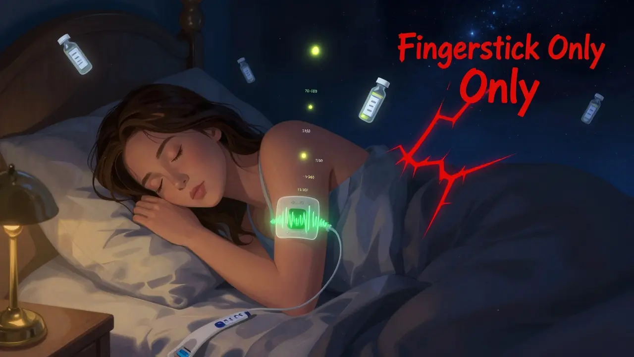 A woman sleeping peacefully with a CGM emitting gentle green pulses, while floating glucose numbers drift like fireflies around her bed.