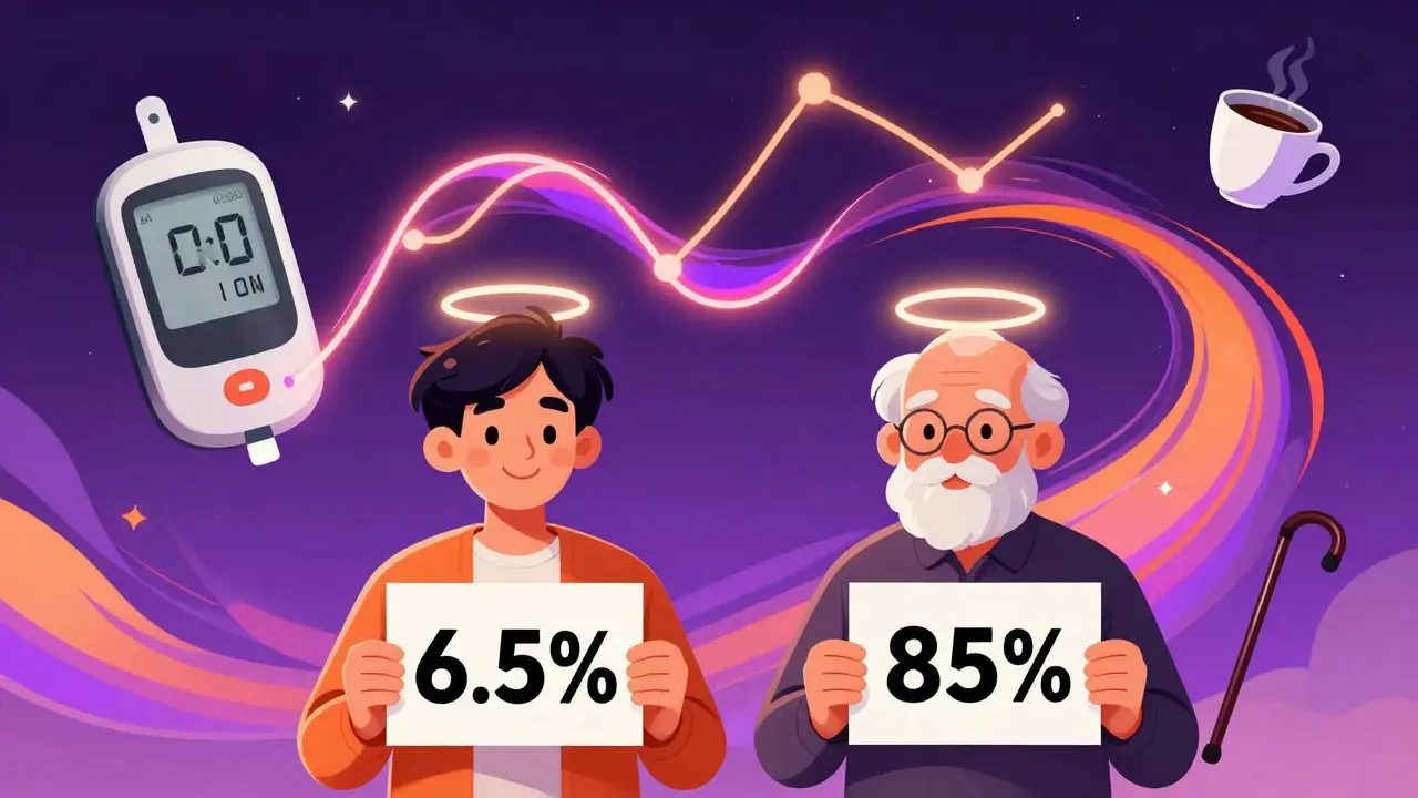 A young person and elderly person holding different A1C targets, with live glucose trends floating above them as a CGM displays daily patterns.