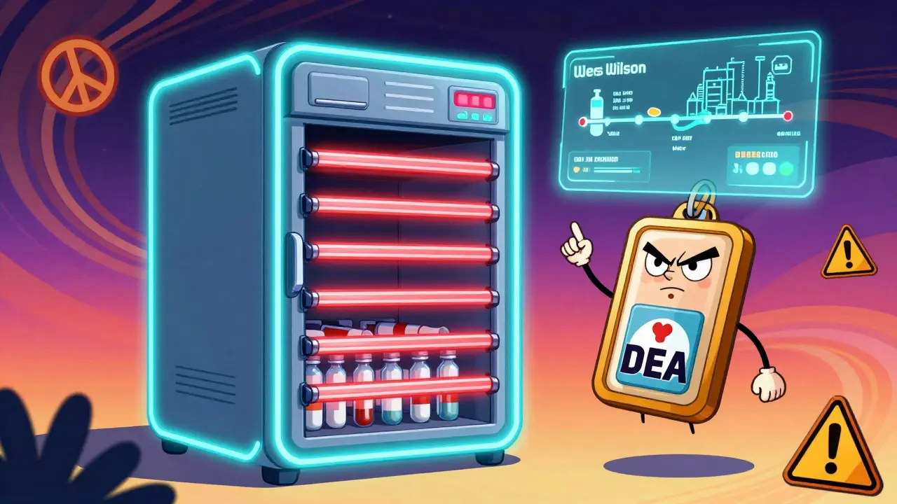 An automated cabinet blocking access to expired medication with a holographic supply chain timeline.