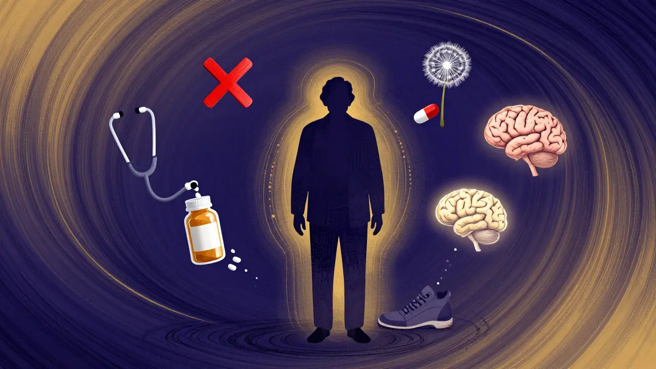 An older adult surrounded by icons of medication, mobility, and mental clarity, representing thoughtful deprescribing.