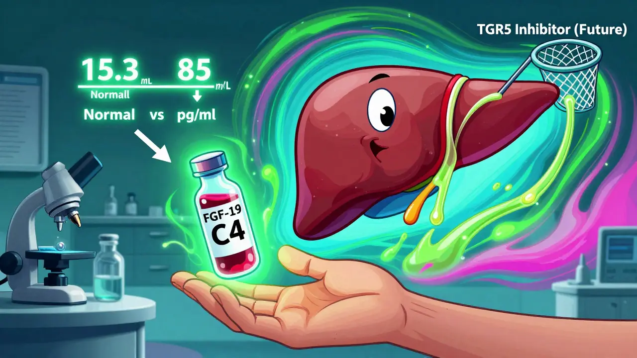 Blood vials with C4 and FGF-19 levels glowing beside a liver releasing bile captured by a futuristic inhibitor net.