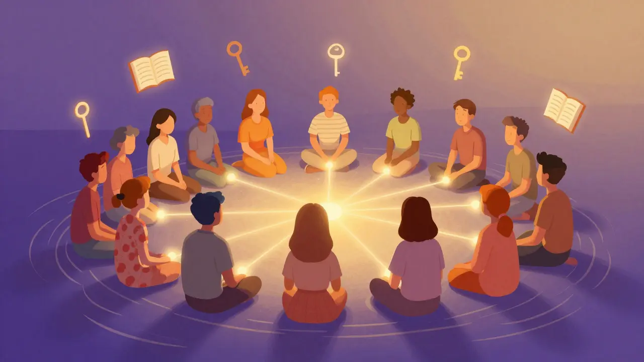 Community circle with glowing connections and resource symbols.