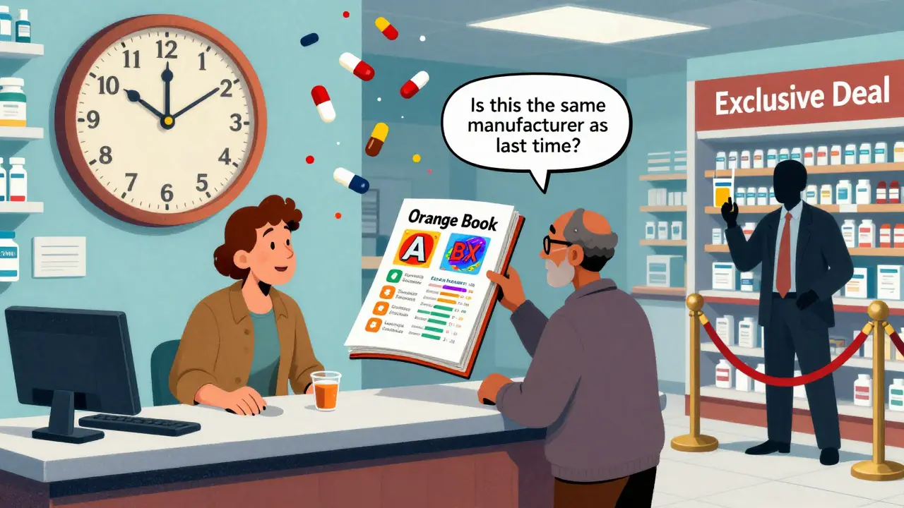 Patient asking pharmacist about pill manufacturer as a glowing FDA Orange Book displays rating codes, with generic drugs falling like confetti toward 2026.