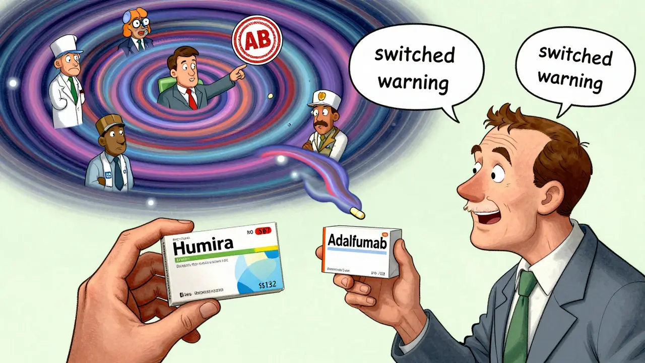 Patient comparing two identical pills with vastly different prices, surrounded by swirling FDA and insurance figures in vibrant psychedelic art.