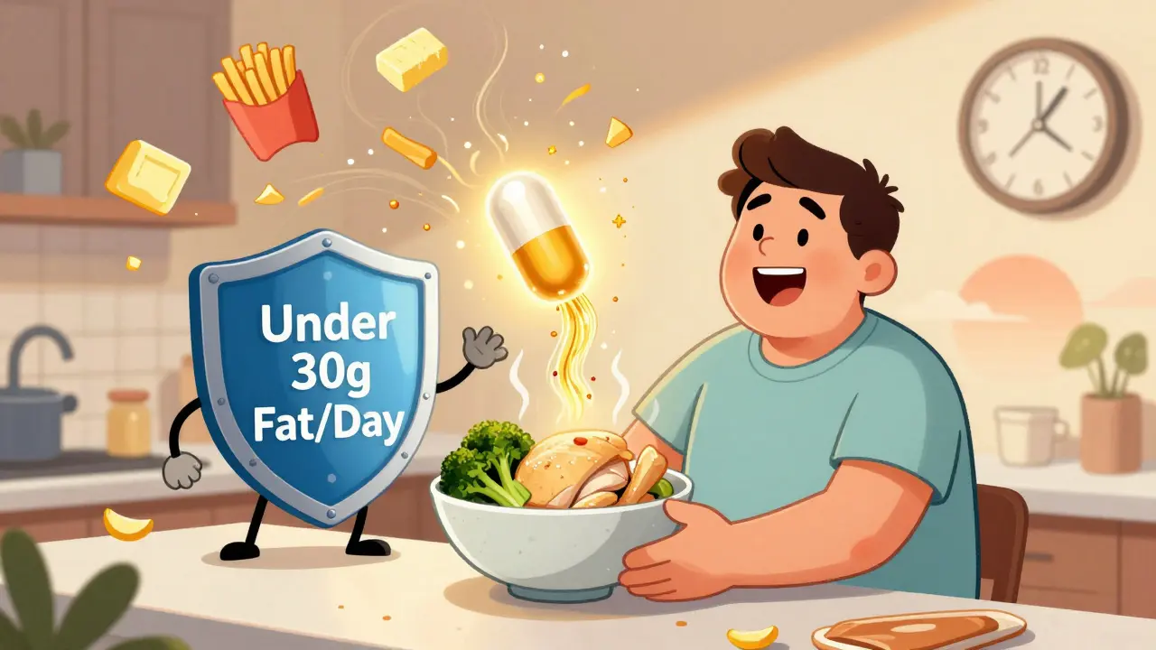 Patient eating low-fat meal as psyllium fibers glow and fat molecules crumble, background shows fading 3 a.m. clock.